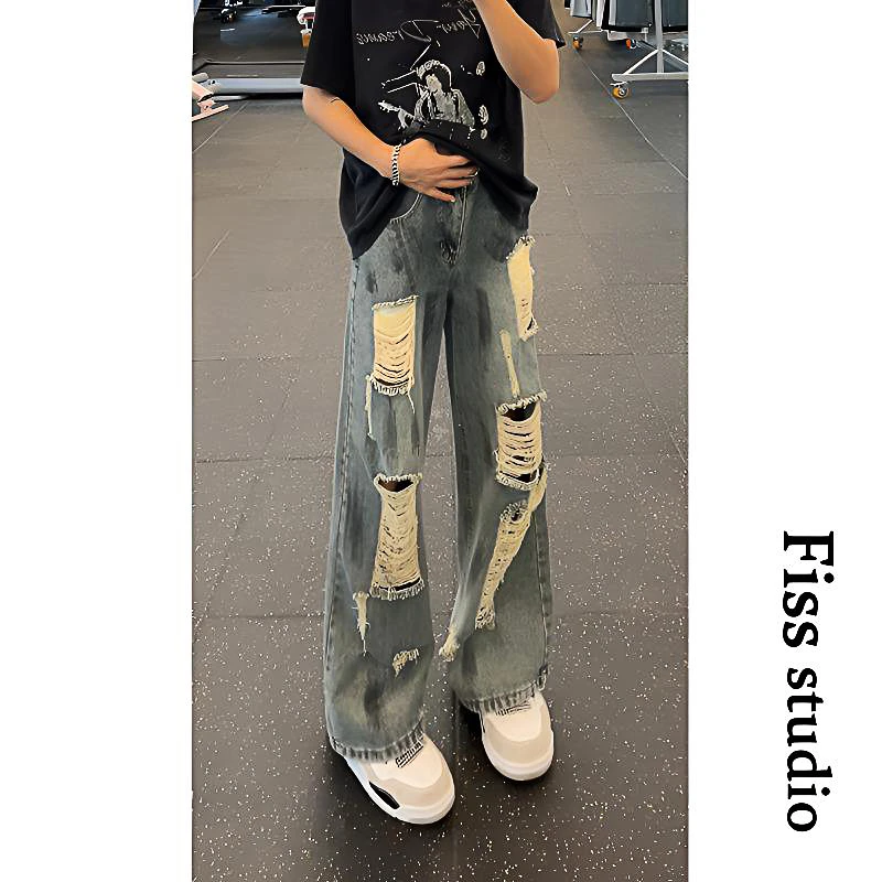 夏季美式复古破洞牛仔裤男款设计感vibe水洗宽松百搭休闲直筒长裤