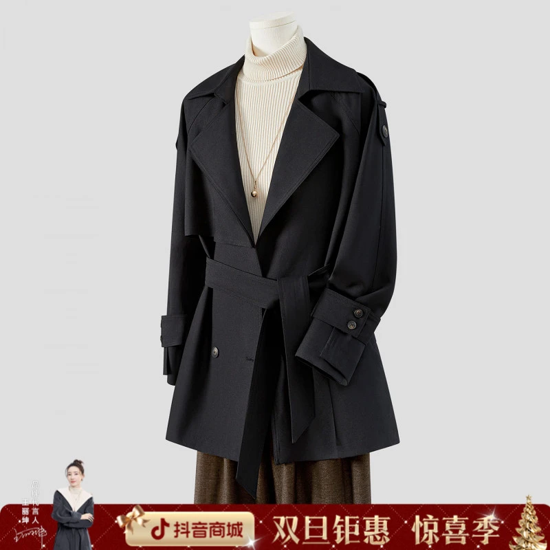 她池2025秋装新款女装气质英伦风双排扣中长款翻领外套T53B3262A