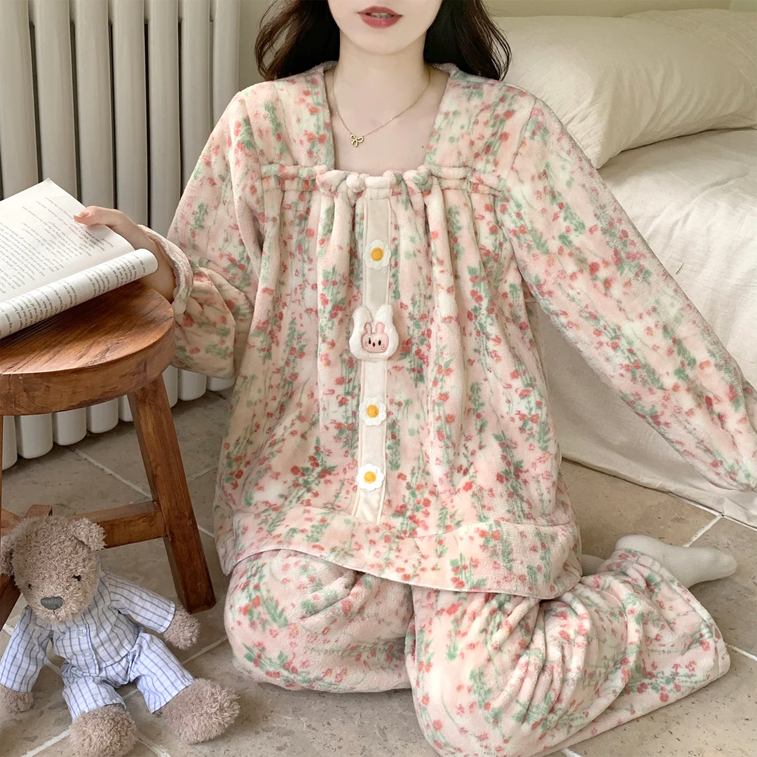 睡衣女秋冬季珊瑚绒加厚25新款冬天高级感小粉花套装可外穿家居服