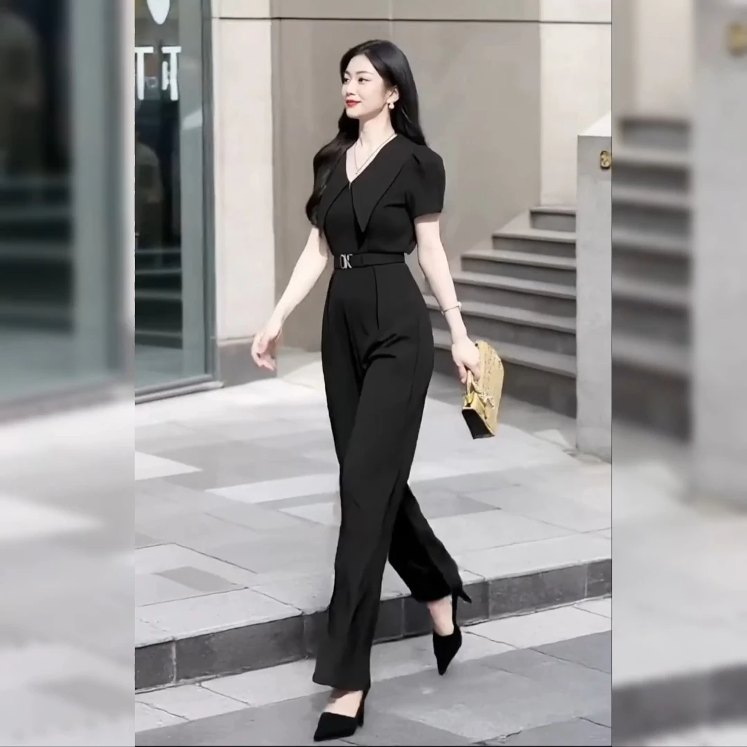 气质夏季连体裤洋气高腰腰带直筒裤长裤阔腿裤御姐时尚春日慢人风