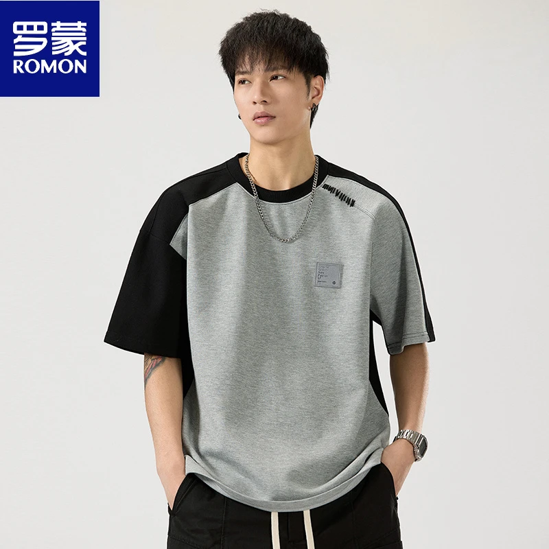 罗蒙男士插肩袖拼接重磅贴标短袖美式复古潮流宽松休闲T恤上衣夏