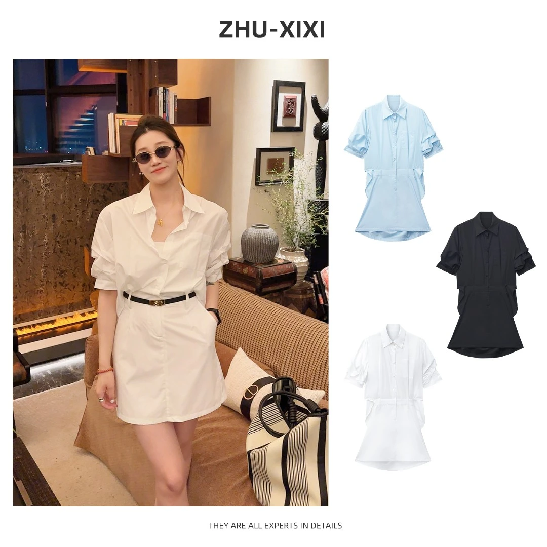 祝喜喜【连体裙】25年连体裙泡泡袖显瘦微胖休闲宽松短袖衬衣套装