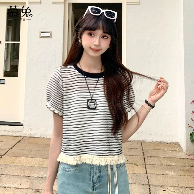 慕兔韩系圆领条纹短袖t恤女2025夏季新款小个子宽松显瘦流苏上衣