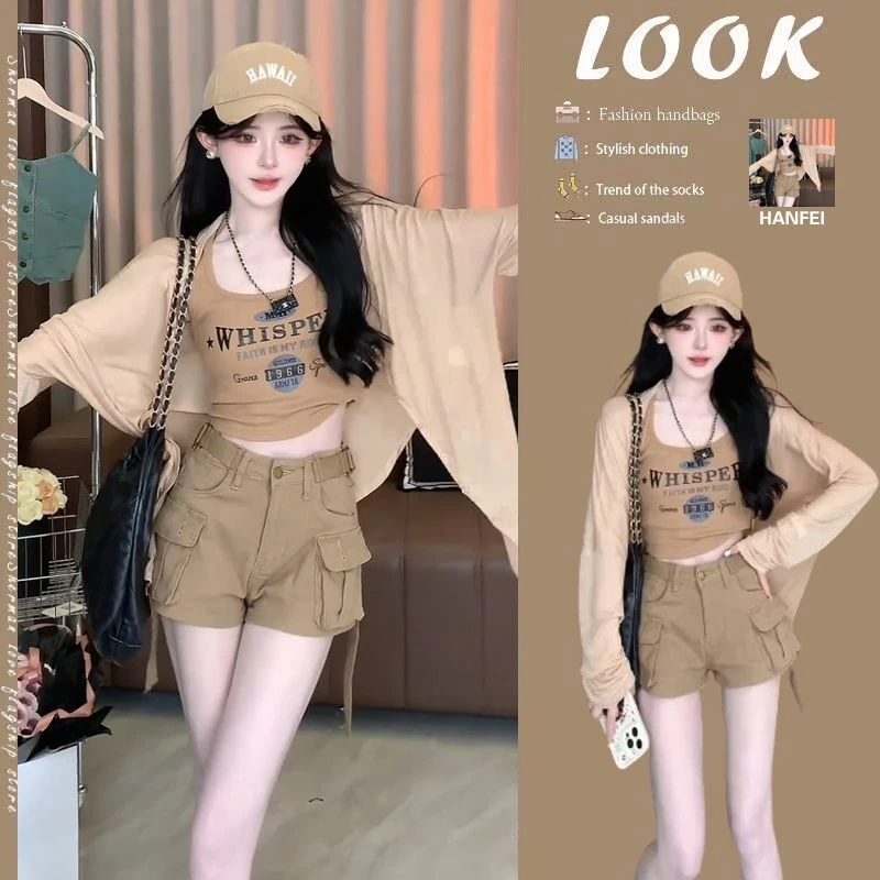 【店铺热销】夏季温柔系穿搭女2024新款韩版辣妹背心防晒开衫高腰