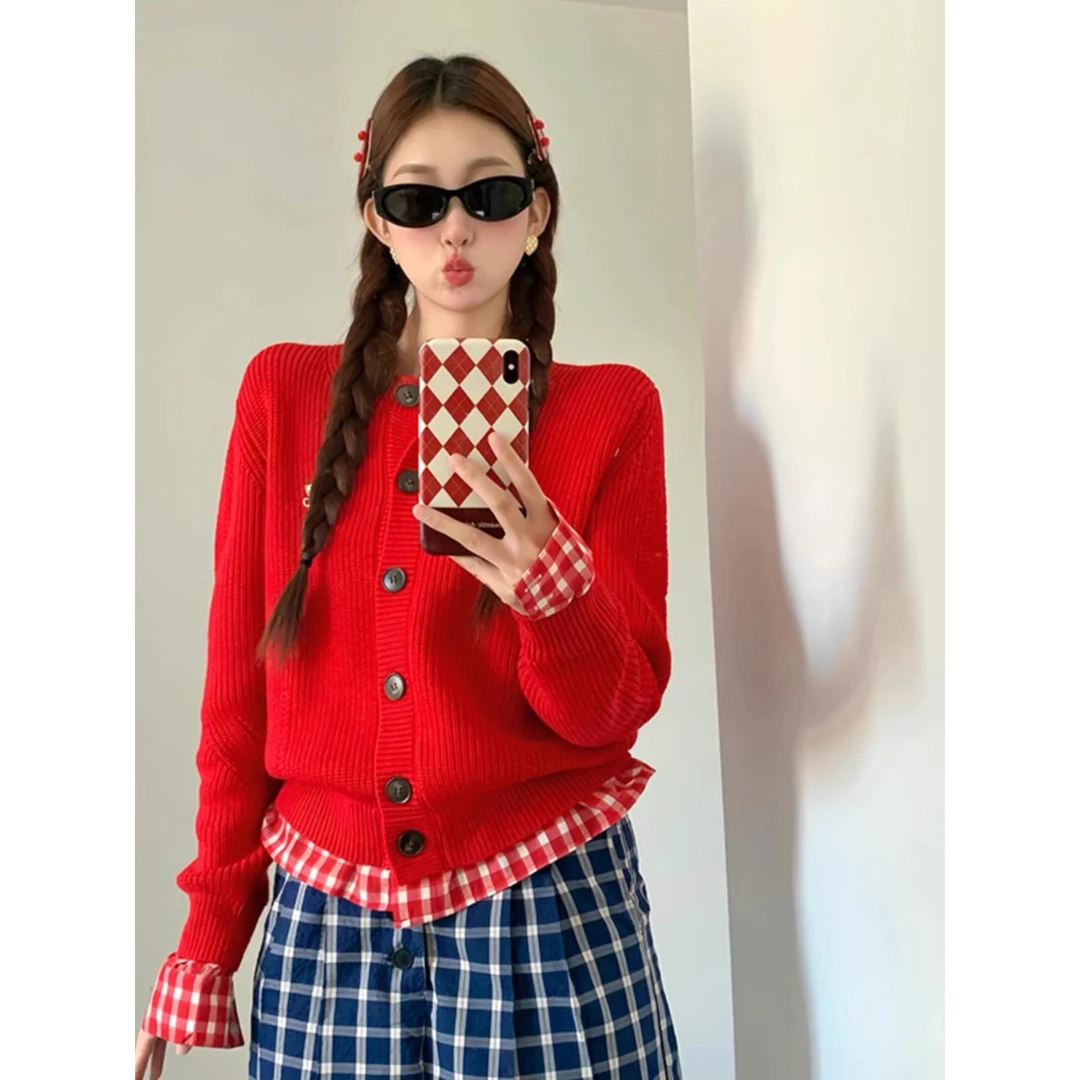 韩系假两件红色格子针织小开衫女设计感拼接毛衣外套