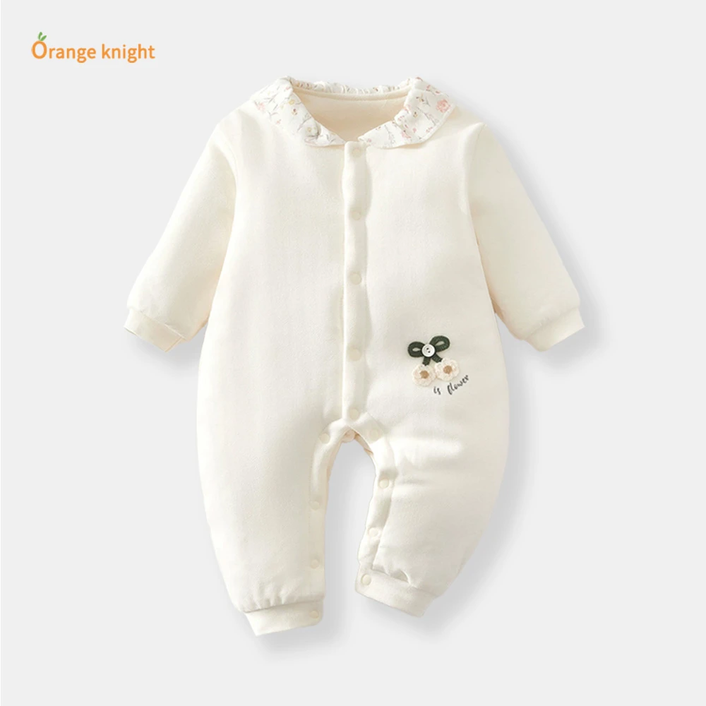 周岁满月宝宝冬装爬服保暖夹棉加厚款绣花图案哈衣新生婴儿连体衣
