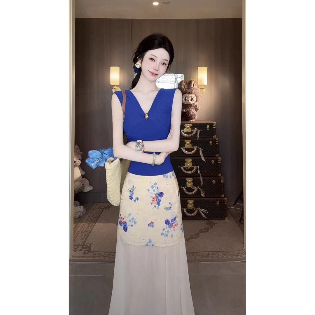 【雅乔定制】无-尽夏  克莱因蓝色V领无袖针织上衣DYTH-25063845