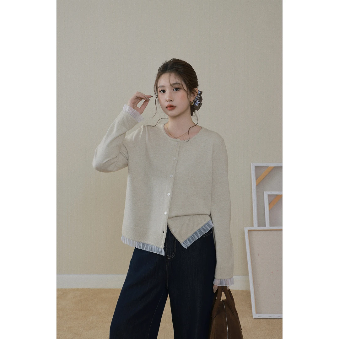 现货大婉酱微胖定制【山野栀子】拼接蕾丝毛织开衫设计感上衣 1132D