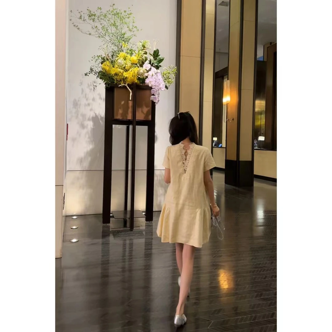 W·HAHA【柠檬气泡】蕾丝绣花圆领100亚麻短袖连衣裙60761