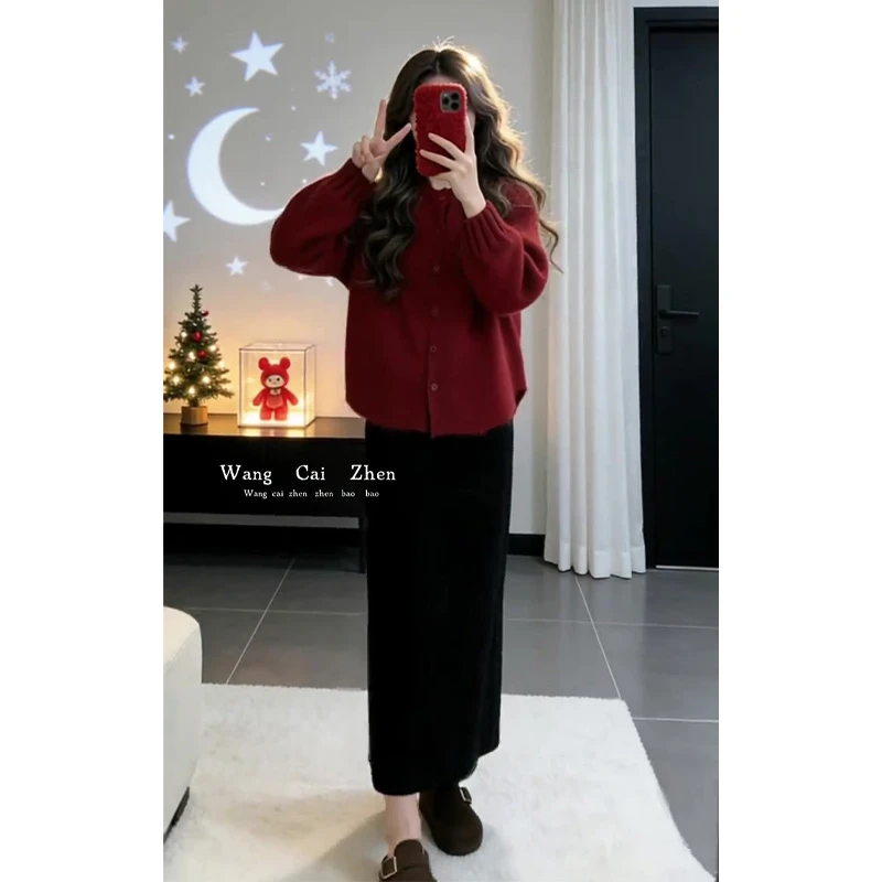 新年战袍冬季套装氛围感花边领红色针织上衣半身裙小香风两件套女