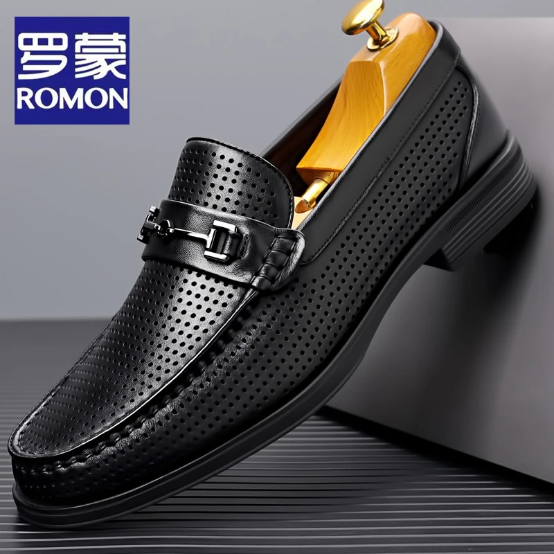 Romon/罗蒙头层牛皮商务休闲皮鞋男真皮透气豆豆鞋一脚蹬乐福鞋男