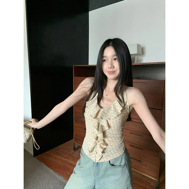 王少女的店 杏黄色碎花春夏季印花荷叶边挂脖V领吊带 X32151S52