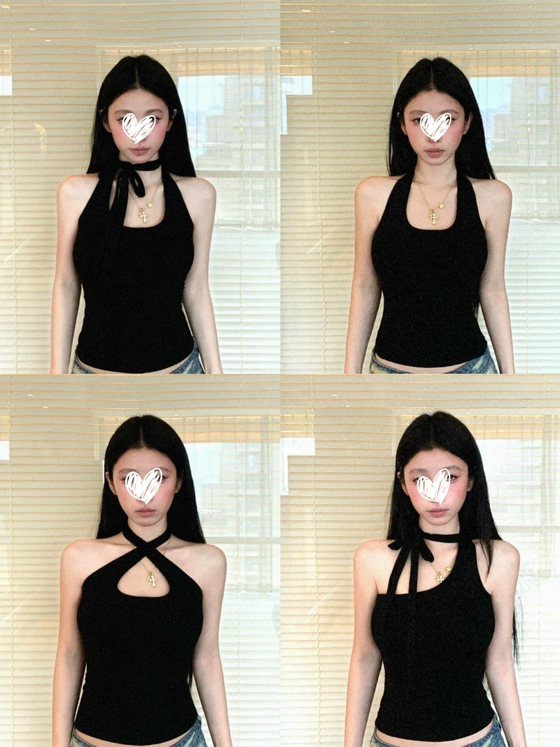 百变辣女 设计感多穿修身外穿挂脖吊带背心女斜肩无袖上衣