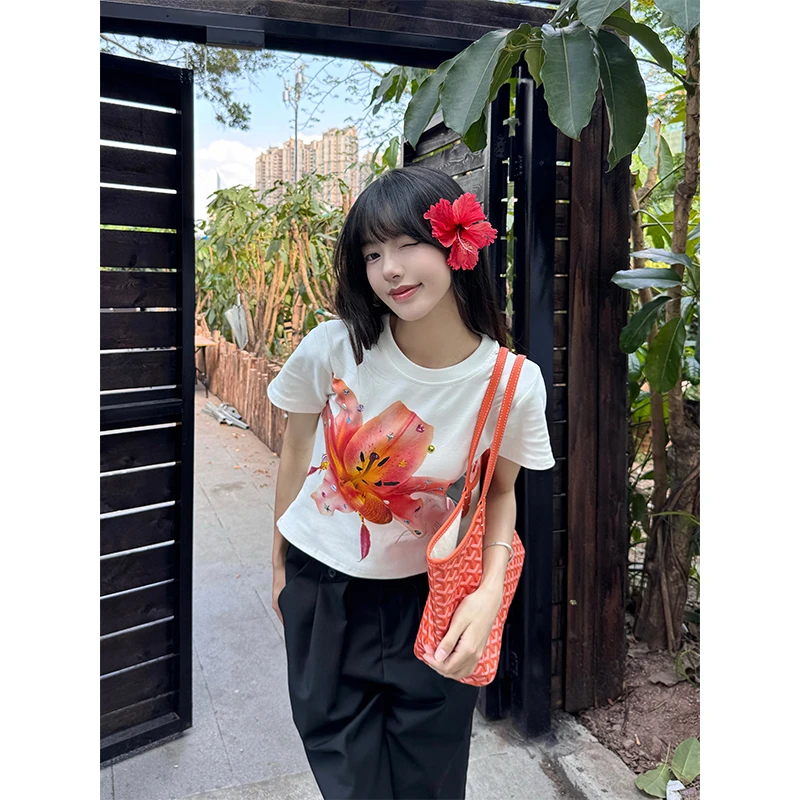 URKR美式辣妹花朵烫钻印花正肩T恤女夏季修身显瘦短袖百搭圆领
