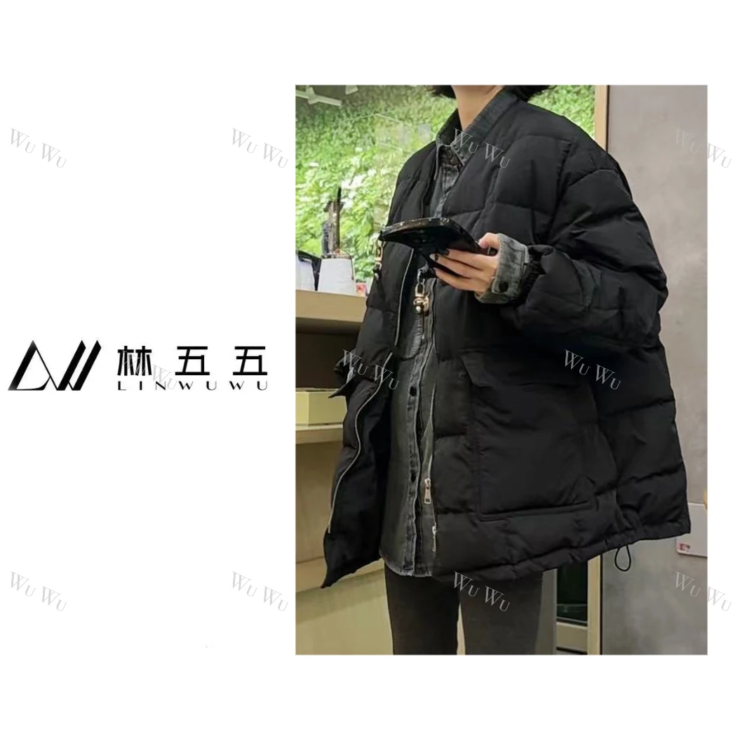 【五五定制】2024新款—冬季时尚宽松无领双拉链纯色大口袋羽绒服