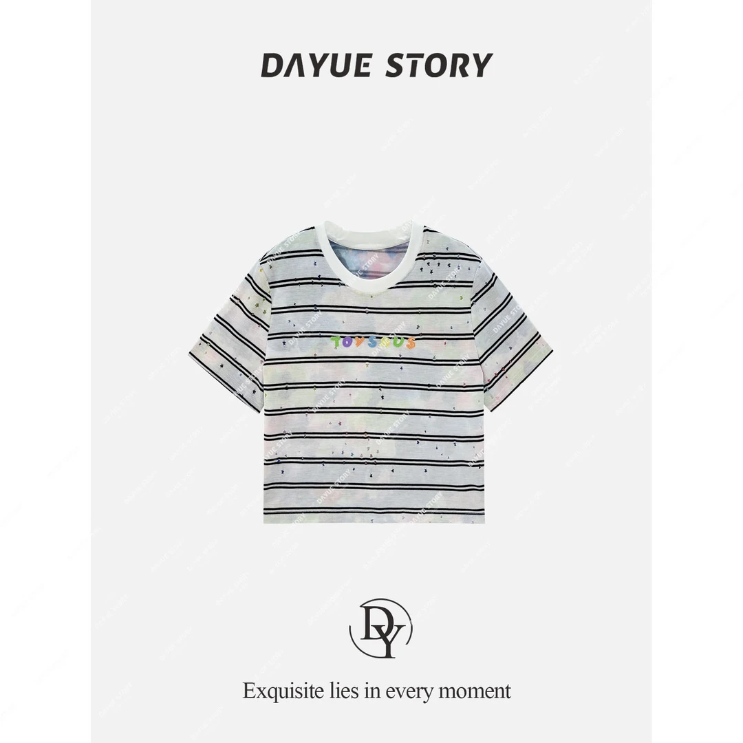 DAYUE【满天星】心动太别致啦~髙克重100莱赛尔！夏撞色条纹百搭T恤