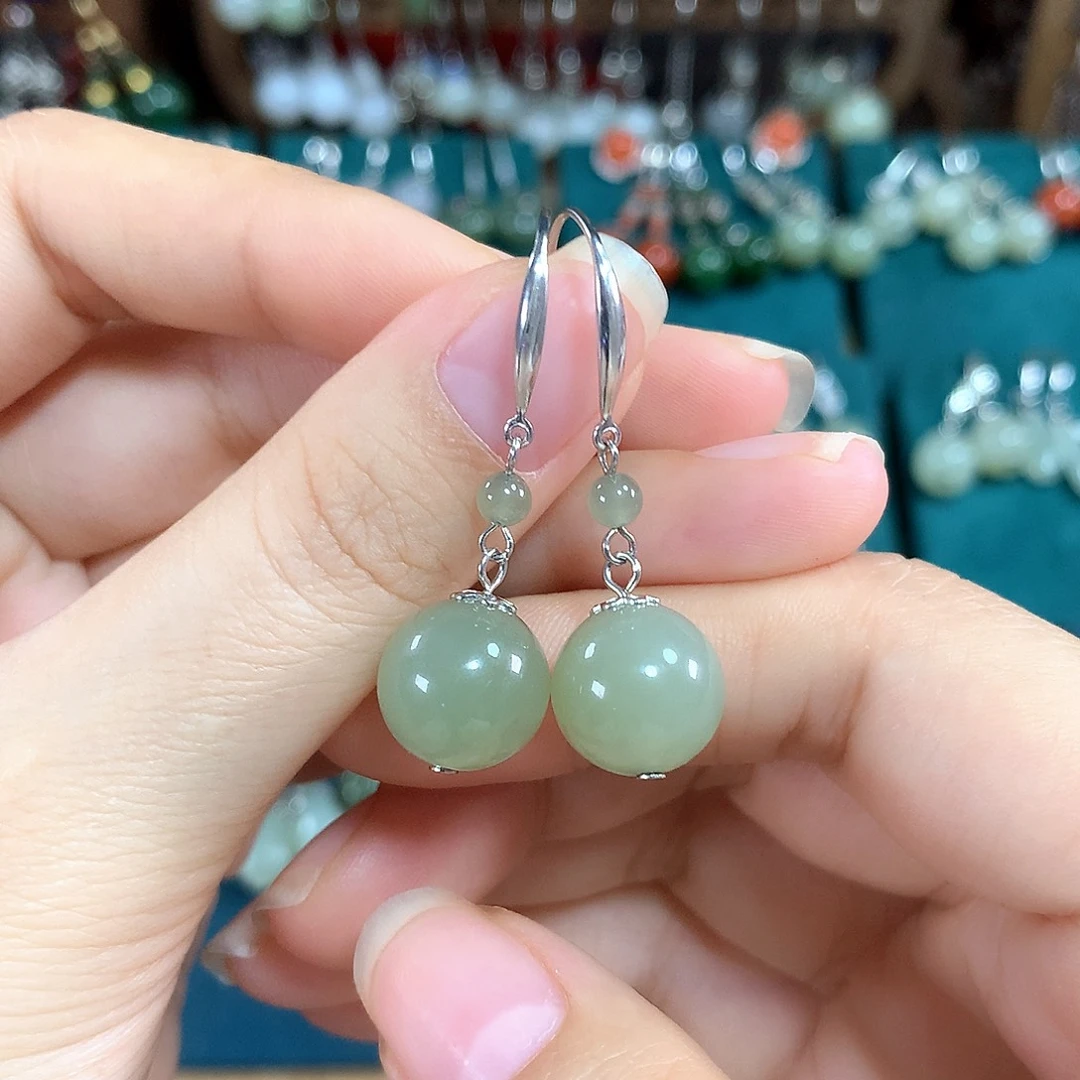 和田玉银S925镶嵌耳饰天然卡12mm左右晴水