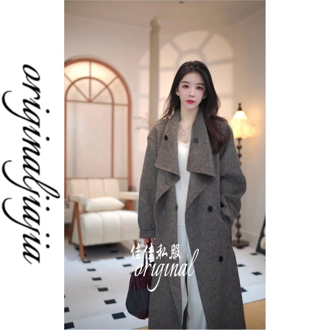 女士纯手工缝制双面呢大衣宽松长款大翻领