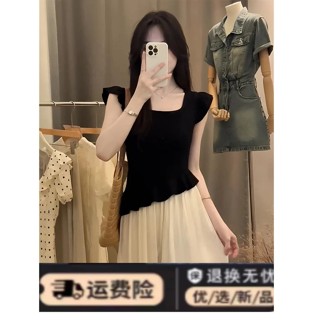 法式黑色短袖t恤女装2024夏季新款时尚辣妹修身显瘦木耳边小上衣