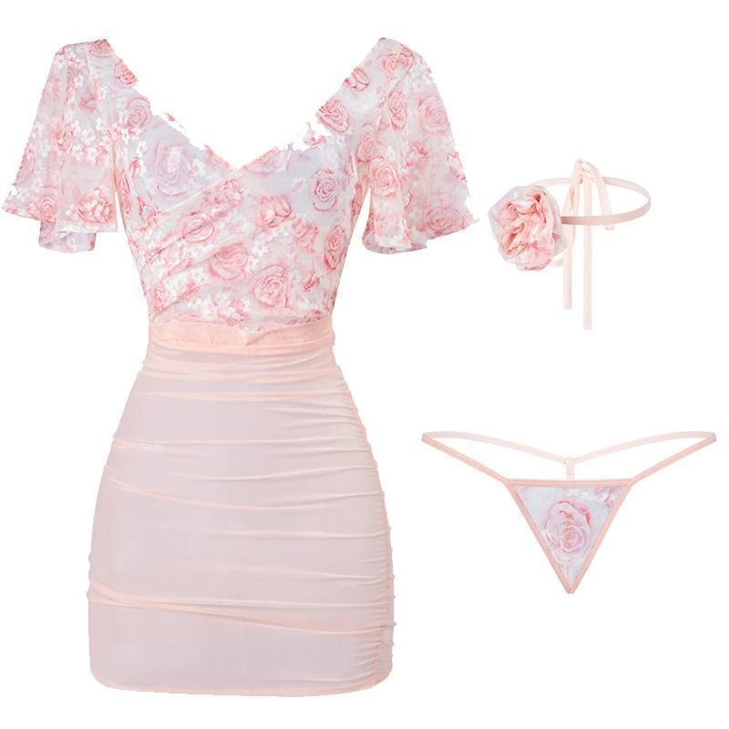 性感纯欲风玫瑰花网纱露背包臀睡裙女约会情调必备显瘦粉色收腰