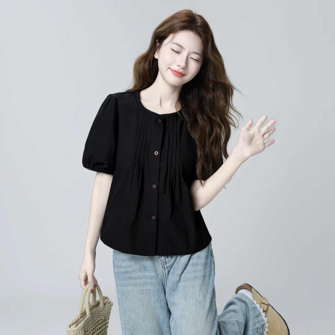 黑色圆领泡泡袖娃娃衫女2025夏新款小众设计感短袖衬衫小个子上衣