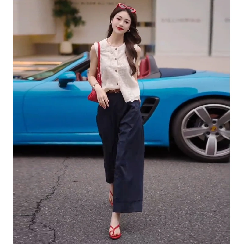 2025超火夏装一整套女法式蕾丝镂空坎肩提花衬衫休闲阔腿裤两件套