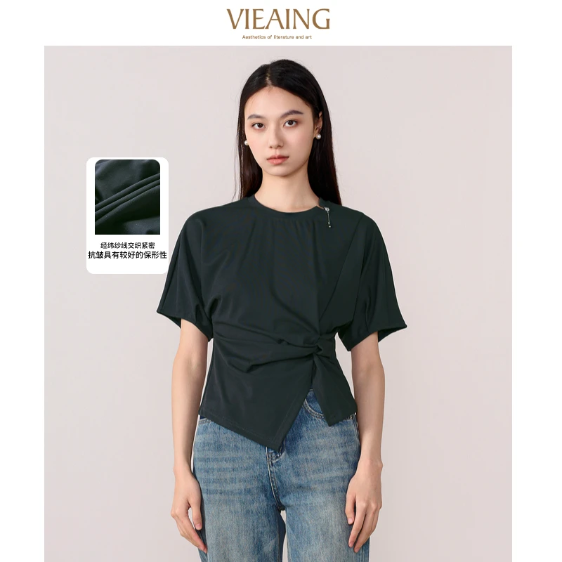 VIEA.ING薇迎夏季新款通勤抽褶不规则短袖T恤016022240000