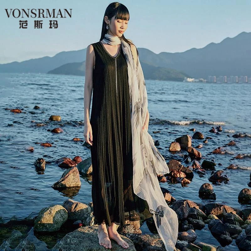 新款链条装饰宽松亮片无袖连衣裙夏季女装2025新款品牌商场同款