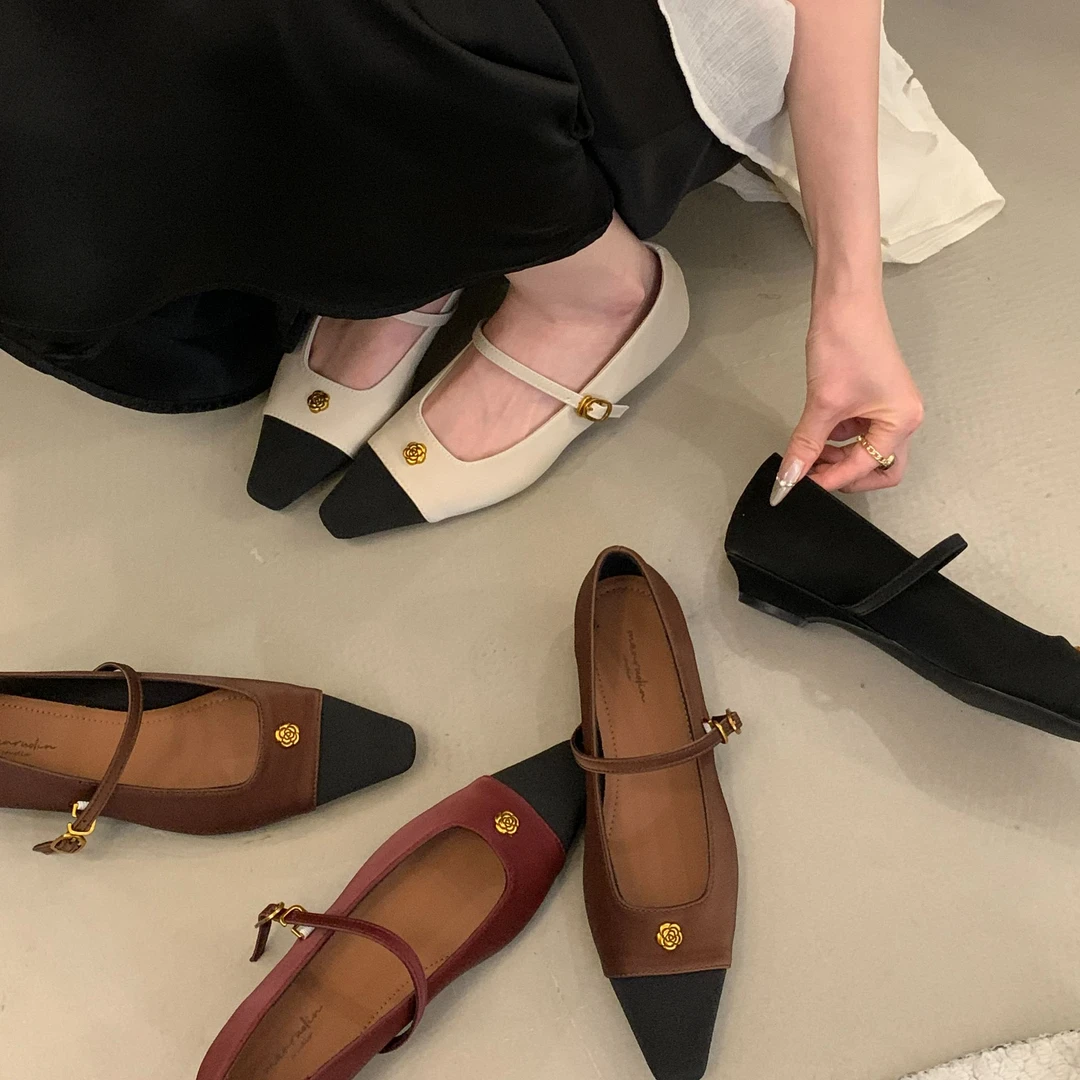 法式山茶花尖头拼接气质温柔风浅口复古玛丽珍粗跟高跟鞋5603-1