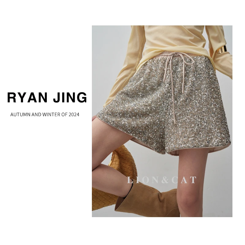 RJ/闪耀氛围/夏新款复古重工亮片系带松紧腰短裤#409730