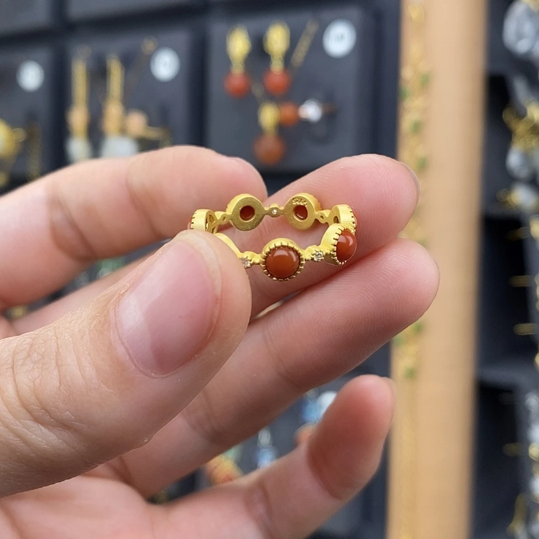 南红玛瑙银S925镀金镶嵌戒指
