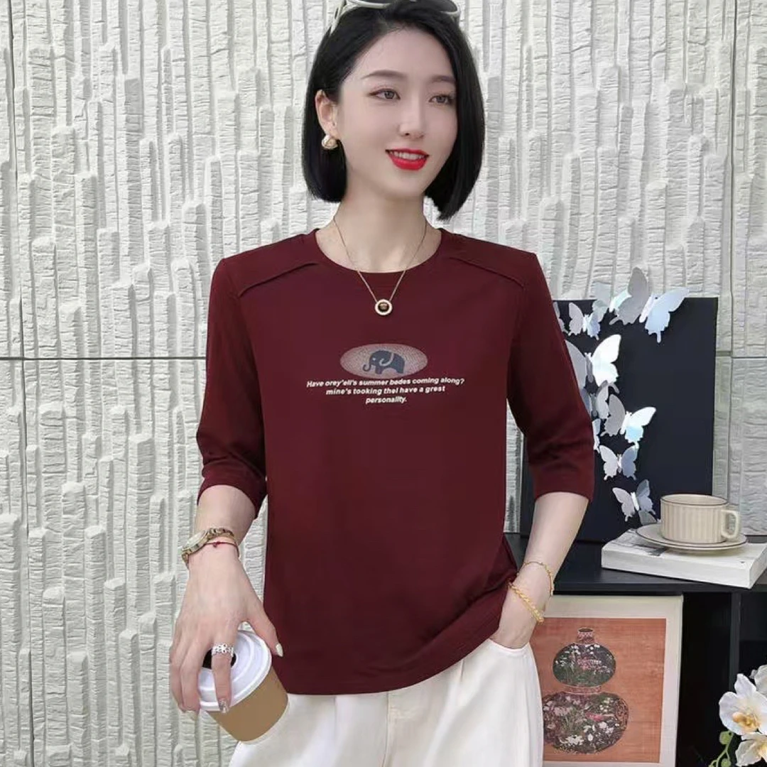 9987早秋圆领五分袖T恤女宽松显瘦百搭上衣洋气减龄打底衫