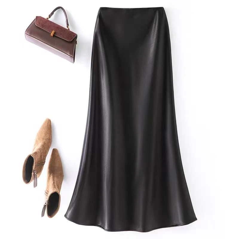 半身裙女春秋缎面褶皱醋酸鱼尾裙琥珀流光气质百搭显瘦长裙子9065