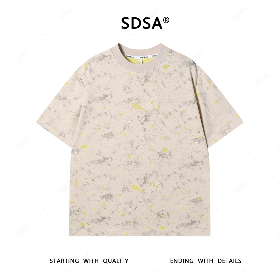 SDSA男士短袖t恤2025新款轻痞帅男装扎染割破撞色圆领上衣慵懒风