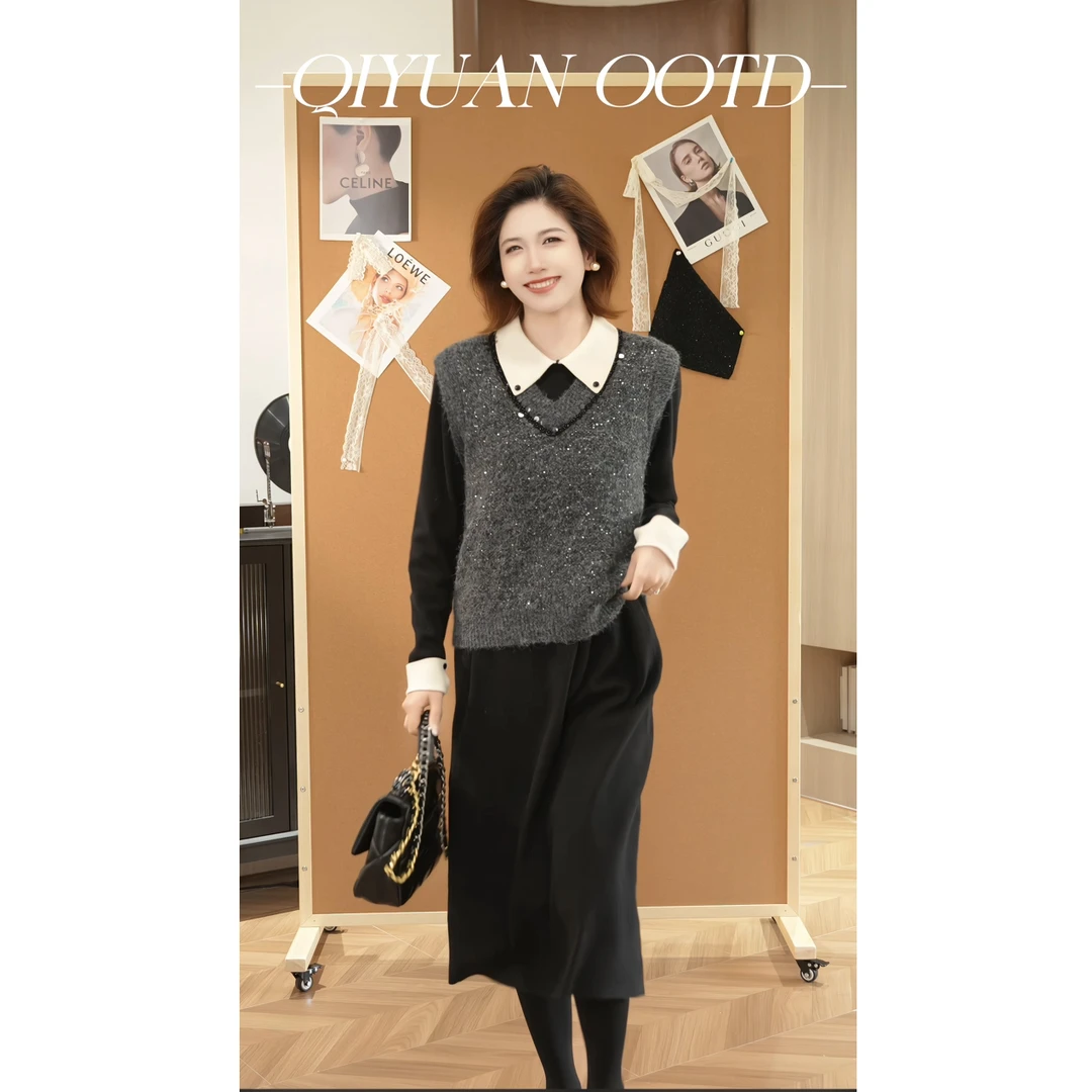 QEIIWMVIP/柒院2025秋冬亮片设计V领气质百搭套头羊毛马甲7626