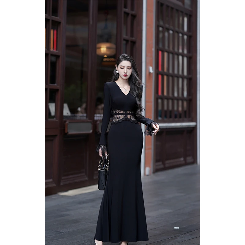 【尤克菲儿】原创设计轻奢开春高定水晶麻优雅中长裙镂空连衣裙