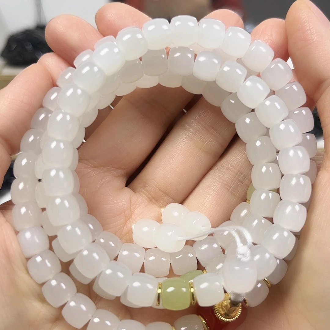 J***Q和田玉未镶嵌手串卡8直切108+5珠宝级货头