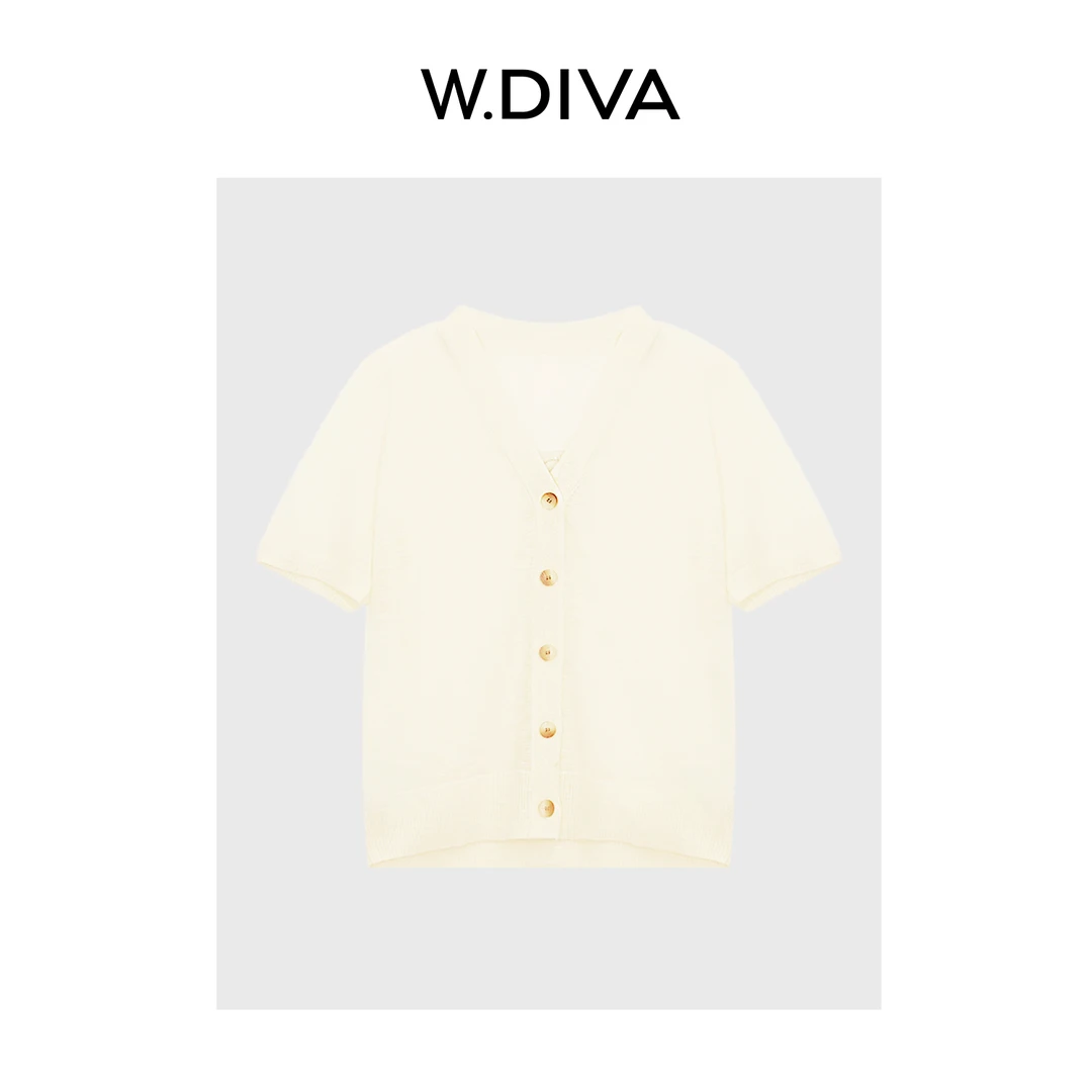 W.Diva【小确幸】夏季薄款百搭竹节肌理V领短袖针织开衫女52Z202154