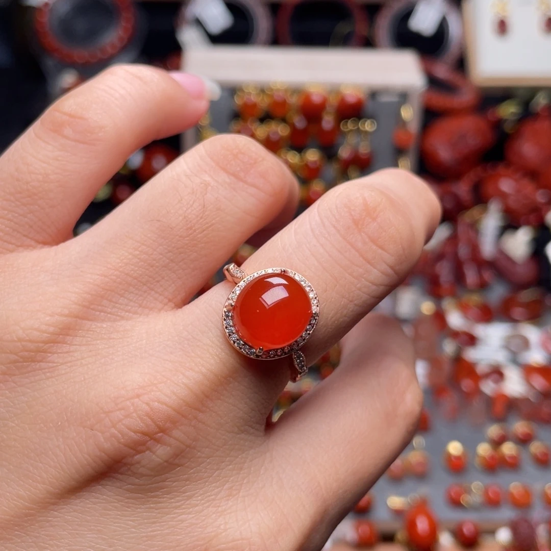 南红玛瑙银S925镶嵌原矿冰红戒指