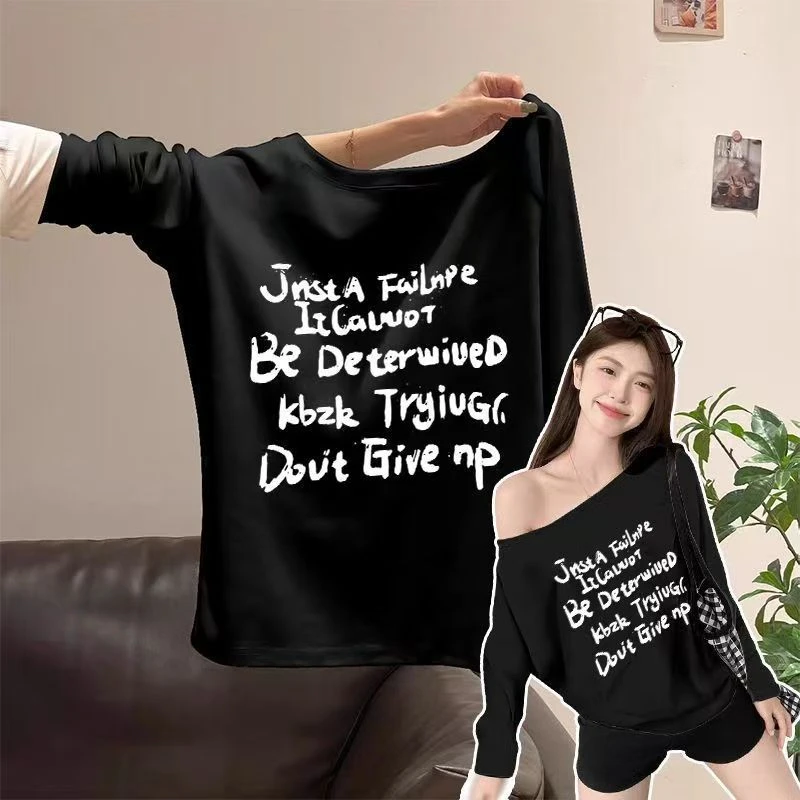 【赠运费险】美式早秋辣妹一字肩时尚印花长袖T恤宽松露肩女上衣ins