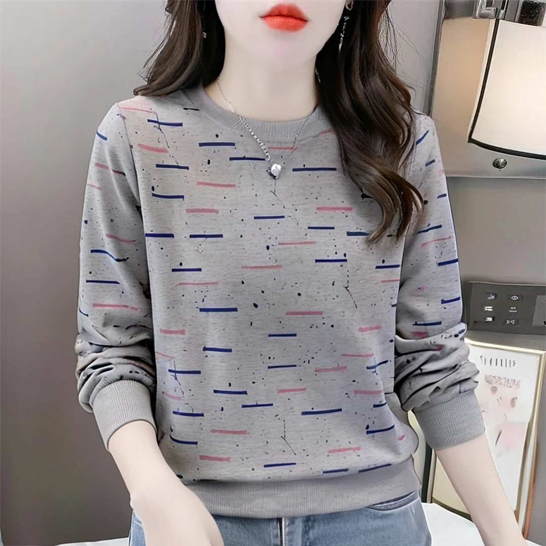 早秋爆款条纹圆领卫衣女2025秋装高级感宽松显瘦灰色长袖无帽上衣