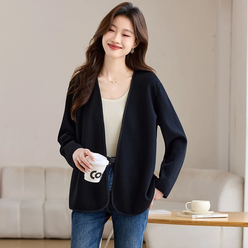 恒源祥彩羊2025早春新款漂亮休闲黑色基础款针织法式黑色针织开衫