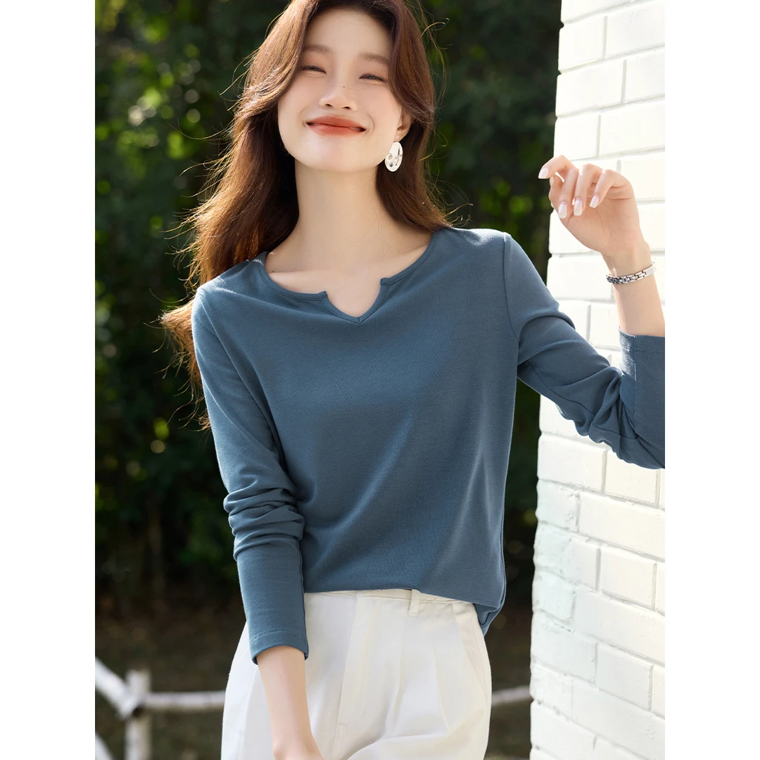 沫晗依美长袖修身T恤2025秋季新款设计感收腰显白针织打底上衣女