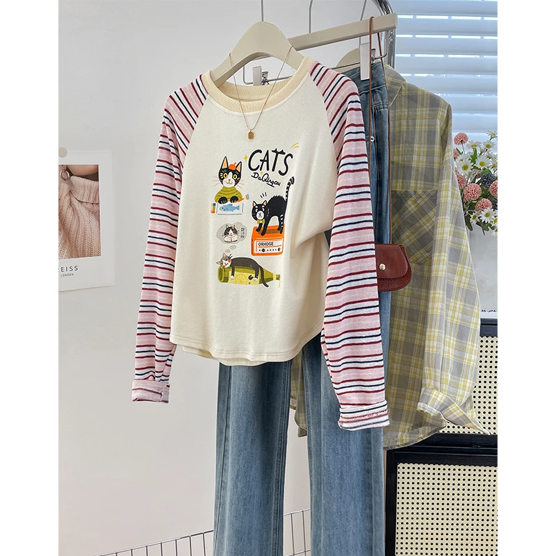 猫咪印花插肩条纹长袖打底衫秋冬新款磨毛洋气chic别致显瘦上衣服