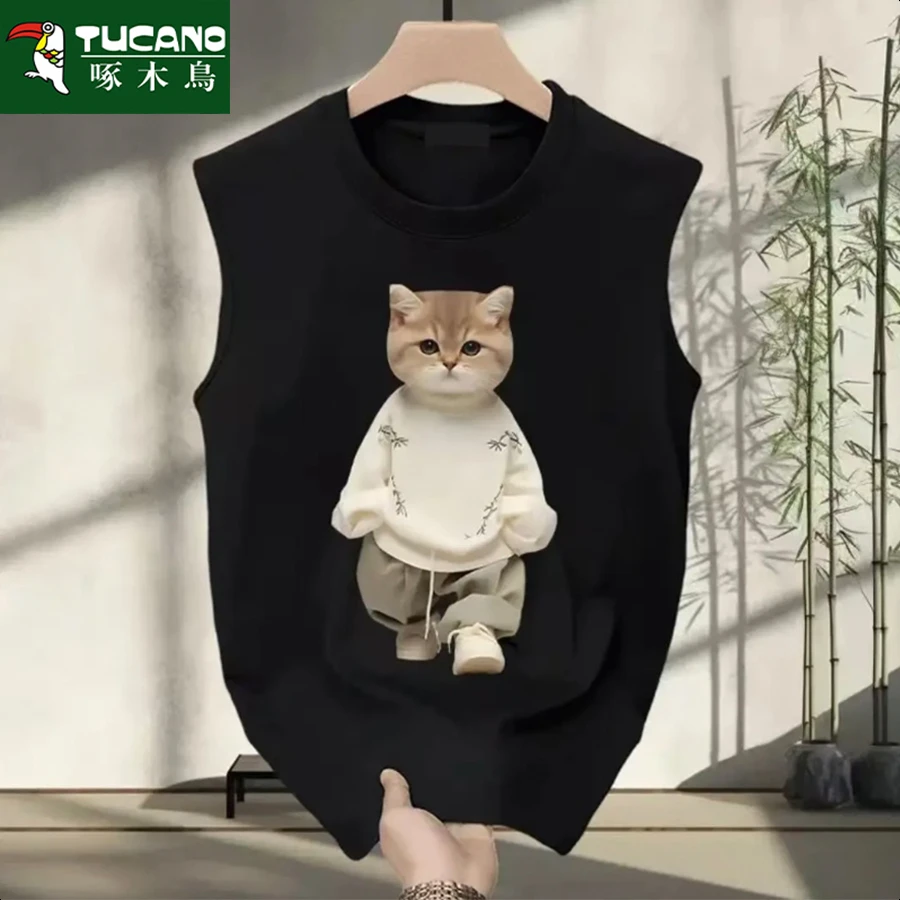 啄木鸟纯棉t百搭夏季男士韩版宽松无袖圆领上衣印花无恤潮流时尚