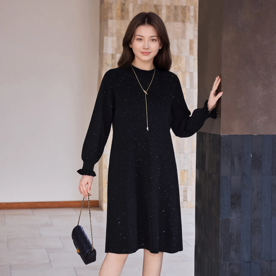【细闪亮片仿兔绒纱】MsShe大码冬装保暖半高领毛衣连衣裙M2510106
