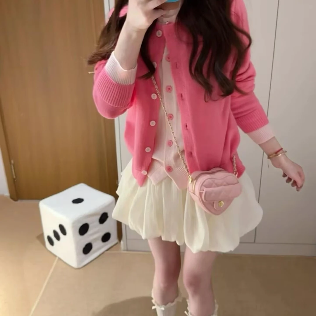 韩系设计感树莓粉色假两件针织开衫女春秋慵懒高级感毛衣外套上衣