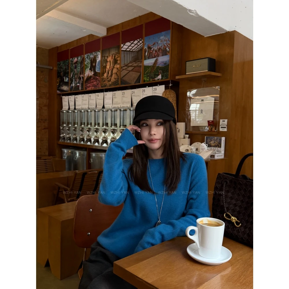 【瓦尔登湖】“100%绵羊毛"无缝一体软糯克莱因蓝舒适保暖长袖毛衣01
