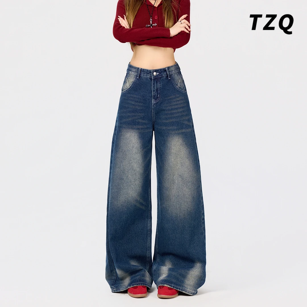 复古水洗阔腿牛仔裤女秋季折痕设计感高腰宽松直筒裤TZQ25111501