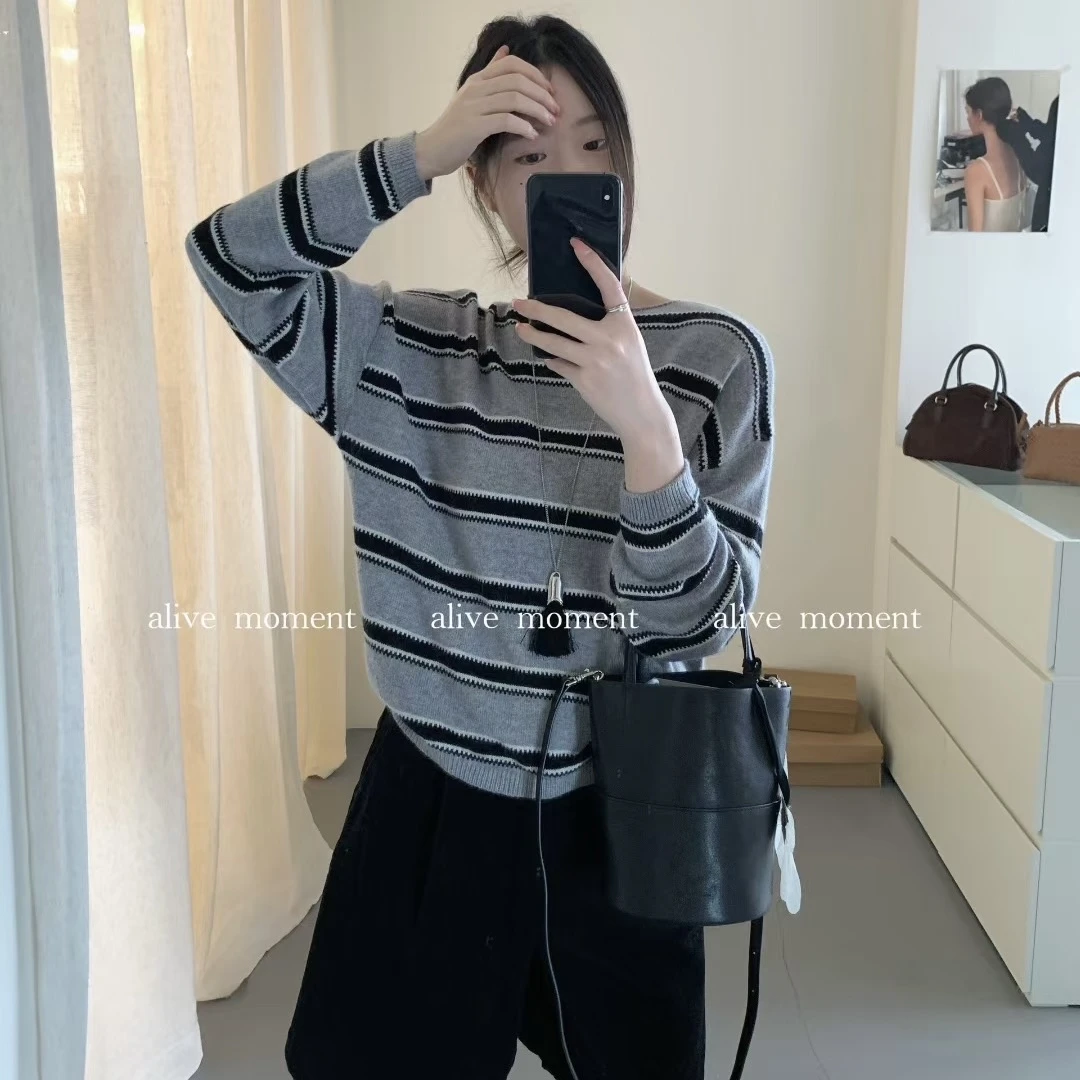 针织针织衫打底宽松条纹秋冬日式毛针织衫常规款秋季2539